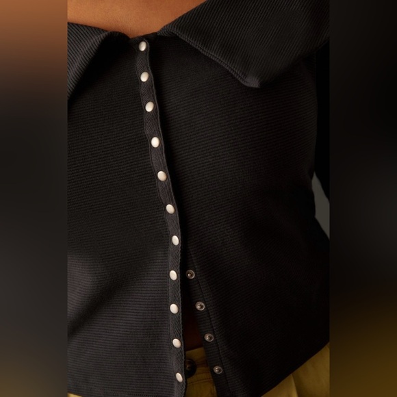 NWT Maeve Anthropologie Ribbed Off Shoulder Snap Button cardigan top w/ collar L - Picture 5 of 10